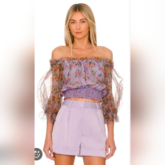 ALICE + OLIVIA Caprina Silk Puff Sleeve Off Shoulder Crop Top Size Small NWOT - Picture 14 of 15